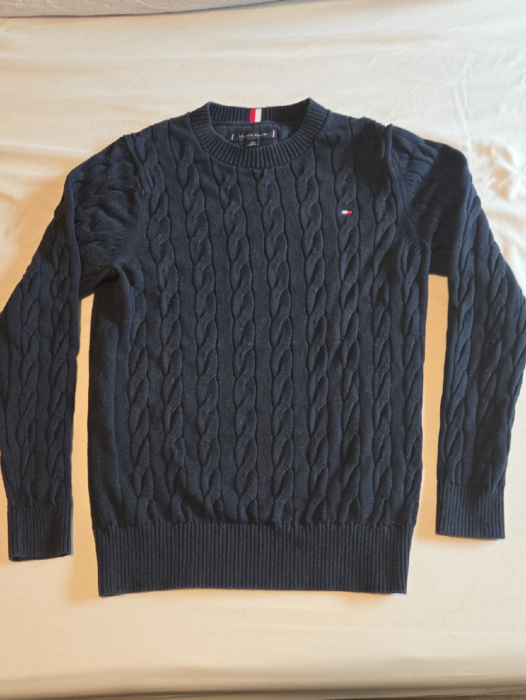 Tommy Hilfiger Navy Cable Knit Crew Sweater With Logo Trim